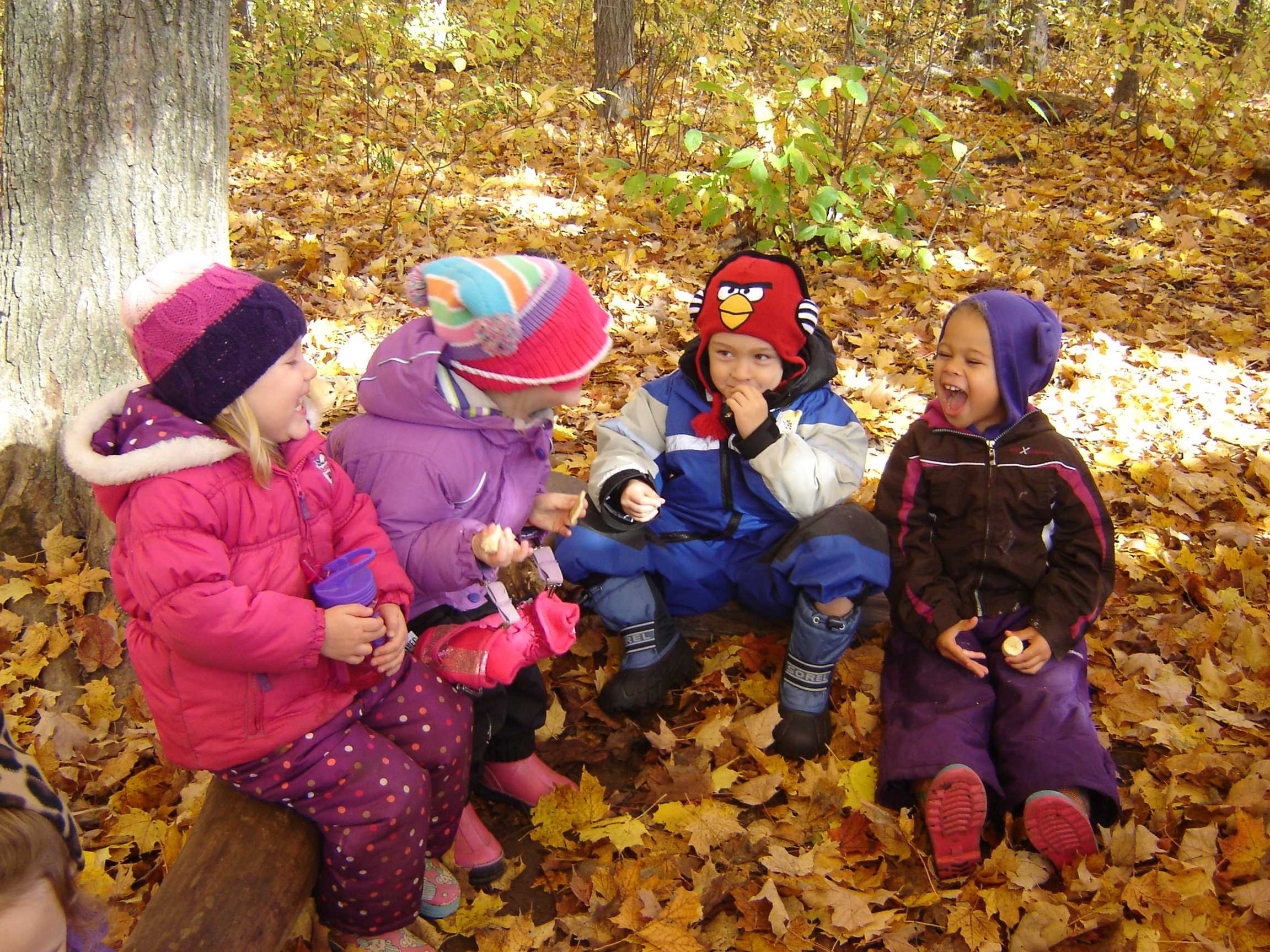 Children having snack in the forest