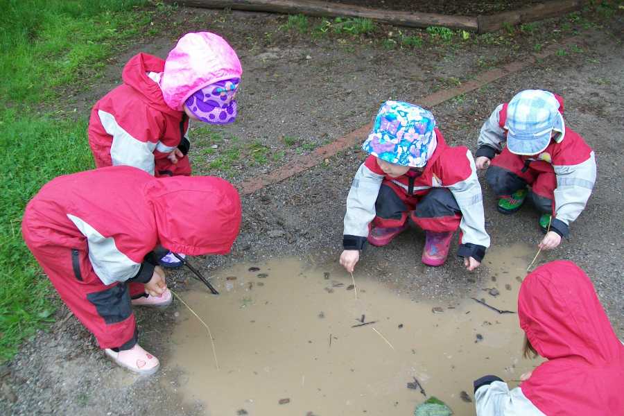Children exploring puddle